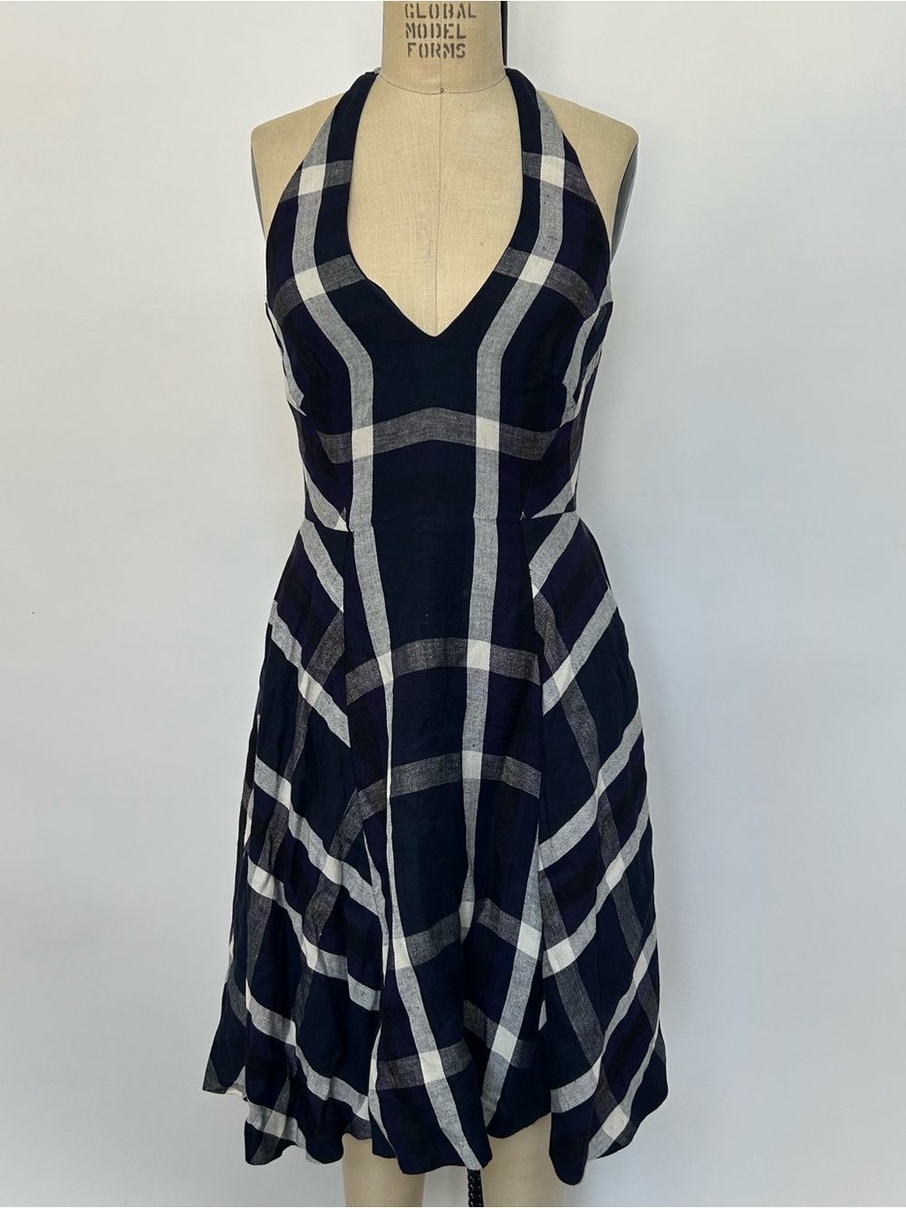 Eva Franco Navy and White One-Shoulder Plaid Dress